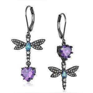 🤑2 For $35🤑 Black Gun Metal With Purple Hearts and  Dragonfly Dangle Earrings